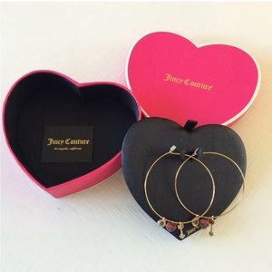 NIB Juicy Couture Gold Charmed 2" Thin Wired Hoop Earrings Heart Arrow & Stone